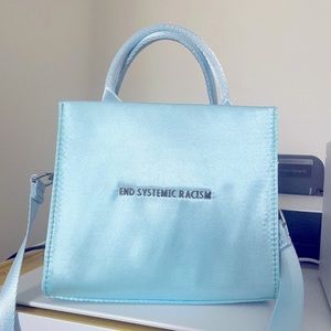 Brandon Blackwood ESR End Systemic Racism Blue Satin Mini Tote Bag Crossbody